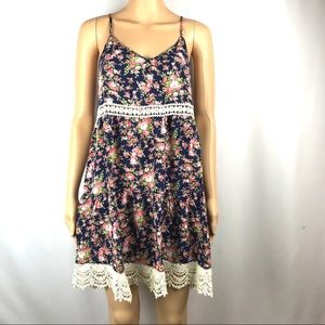 H&M Boho Floral Babydoll Dress Lace Blue Pink Sz S